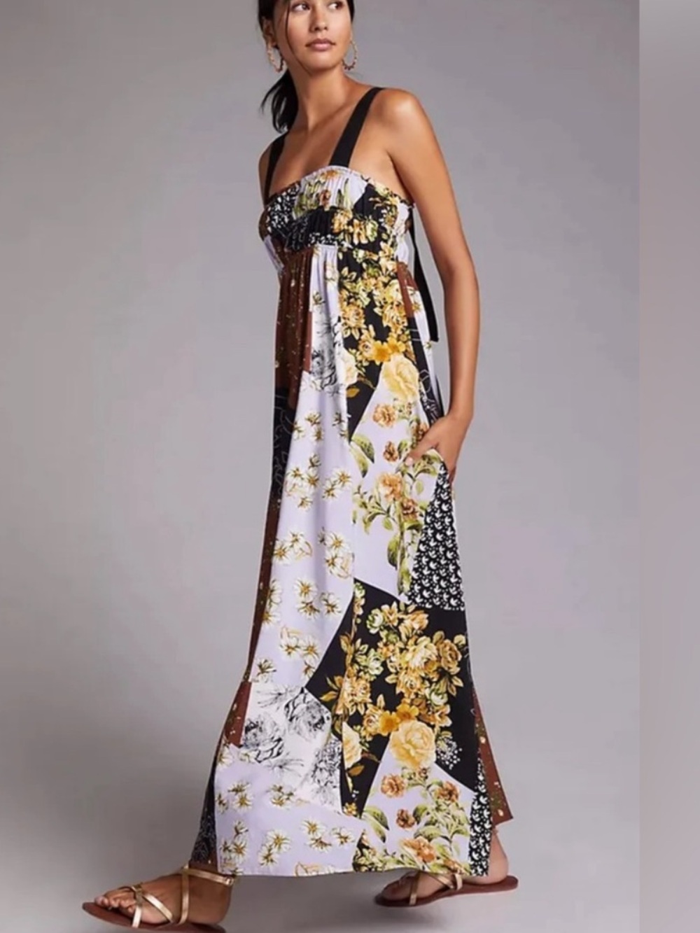 ANTHROPOLOGIE MAEVE WOMENS FLORAL PATCHWORK MAXI DRESS PURPLE XS